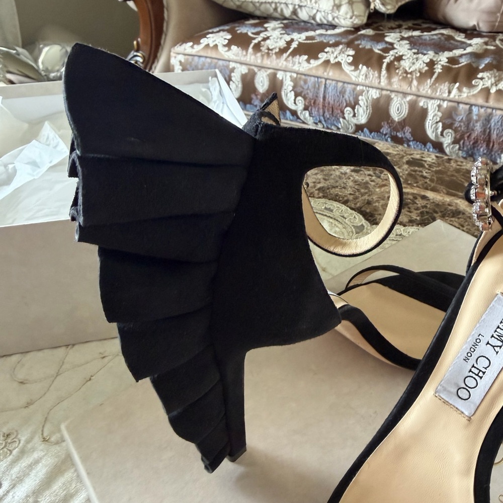Jimmy Choo Black Suede Wingback Ankle-Strap Heels - Picture 7 of 15